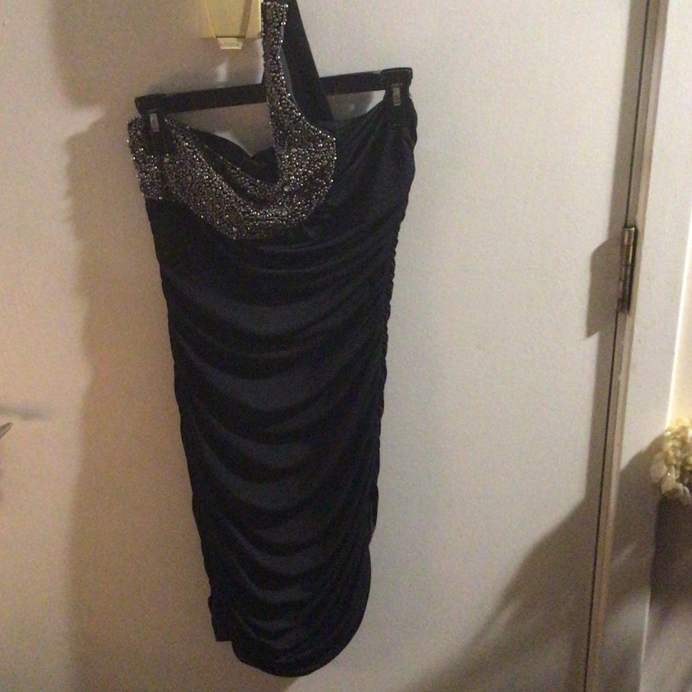 Speechless Black One-Shoulder Dress with Silver Accents